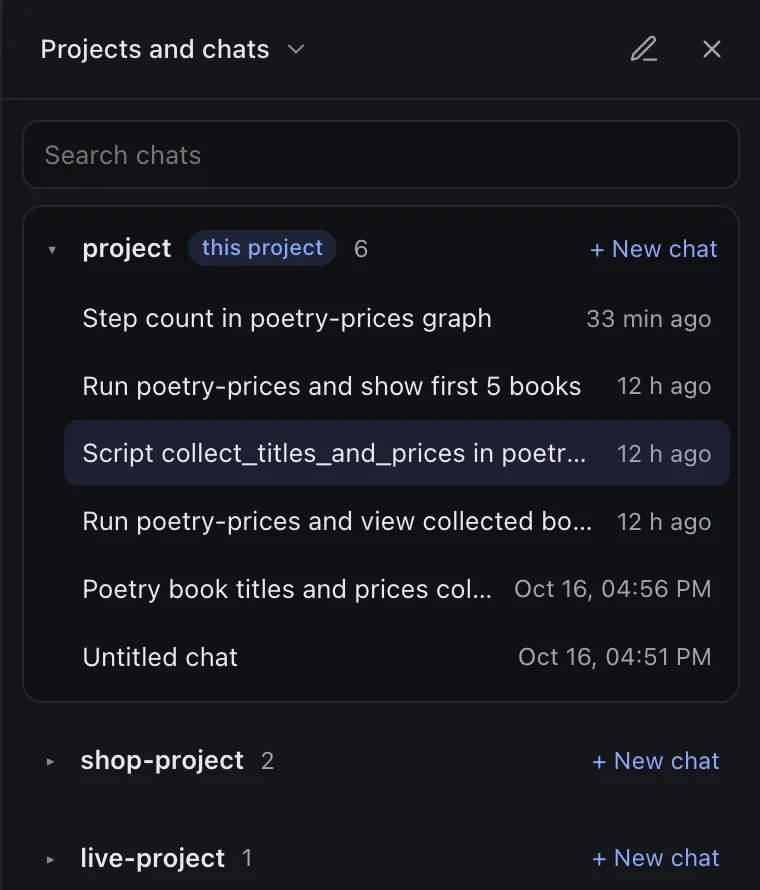 The list of projects, each with its chats, newest first